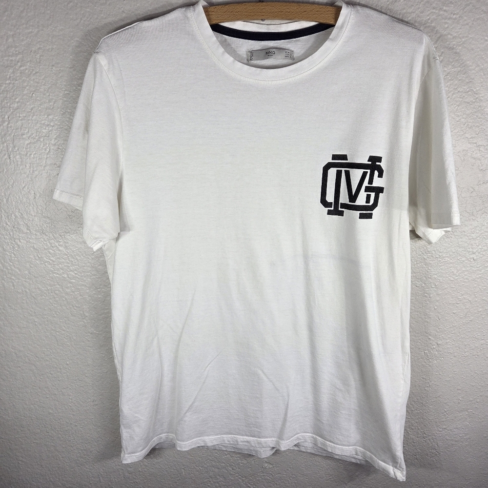 MNG Mango White Short Sleeve Shirt Men Size M Pullover Casual Logo Print Front